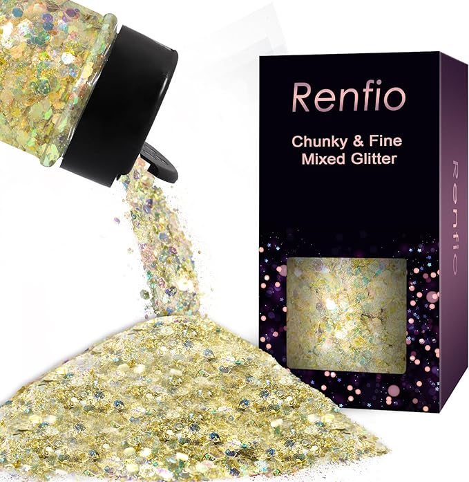 Renfio Opal Chunky Glitter, 1.75oz/50g Gold Glitter, Dreamy High Sparkle Glitter for Crafts Holographic Fine Glitter Mix Iridescent Glitters Flake for Resin Nails Hair DIY Snow Globe - Lakeside Leaf