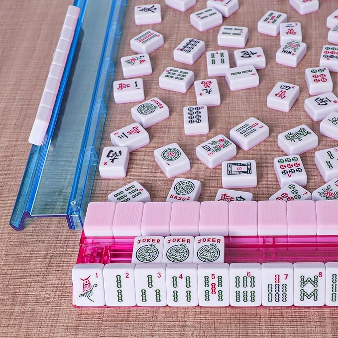American Mahjong Game Set, 166 Pink Tiles, Pink Bag and Entire Accessories, 4 All-in-One Rack/Pushers, Mahjong Tiles Set