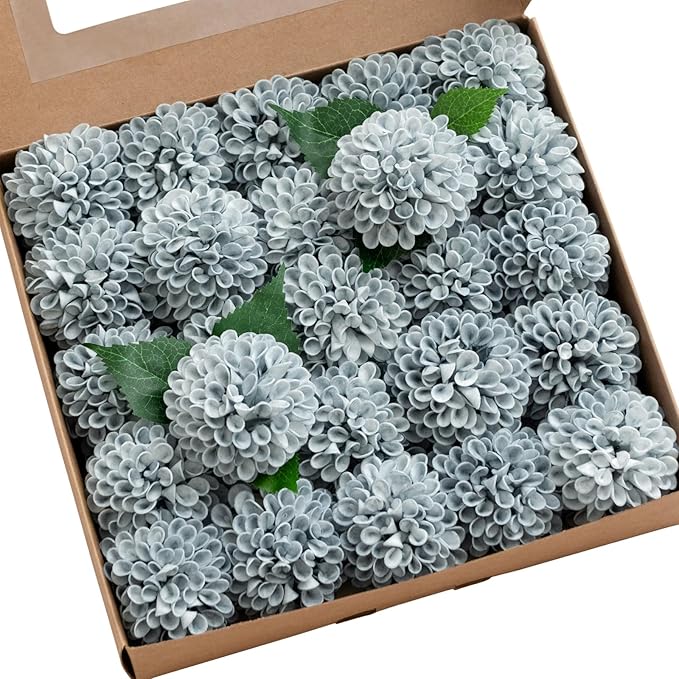 Ling's moment Dusty Blue Dahlia Foam Artificial Flowers Real Touch Faux Fake Flower for Home Decor Graduation Baby Shower Decorations Outdoors Party Favors Wedding Centerpieces Arrangements 25pcs