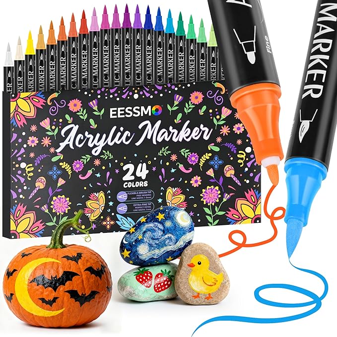 24 Colors Dual Tip Acrylic Paint Markers, Acrylic Paint Pens with Fine Tip and Brush Tip for Rock Painting, Wood, Plastic, Glass, Canvas, Fabric, Pumpkin, DIY Crafts Making Art Supplies