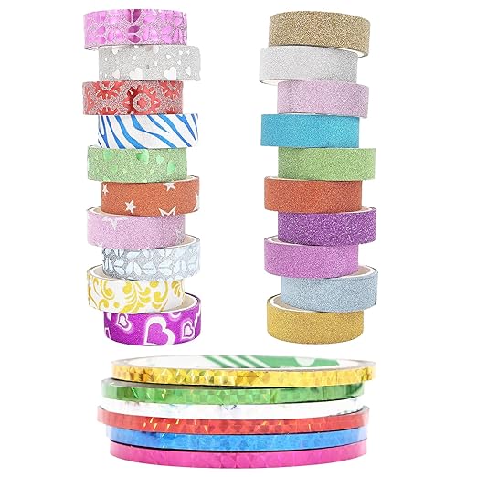 26 Rolls Glitter Washi Tape, Colored Masking Tape Set, 5mm/15mm Decorative Tape for DIY Art Crafting Scrapbooking Journaling Gift Packaging