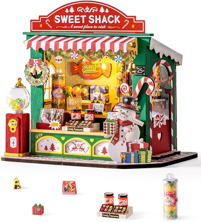 ROBOTIME DIY Miniature House Kit for Adult and Teens, Tiny House Building Kit for Family and Friends, Mini Wooden Dollhouse Kit for Halloween/Christmas/Birthday Gifts (Christmas Candy Stand)