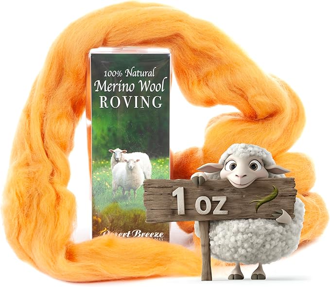 Desert Breeze Distributing 100% Natural Merino Wool Roving - Premium Combed Top Merino Roving Wool - Tapestry, Spinning, Wet Felting & Needle Felting Supplies - 21.5 Micron - 1 oz, Color Tangerine