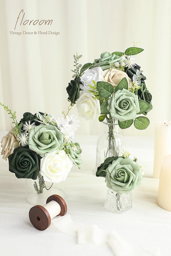 Floroom Artificial Flowers 25pcs Real Looking Beige Foam Fake Roses with Stems for DIY Wedding Bouquets Bridal Shower Centerpieces Floral Arrangements Party Tables Home Decorations