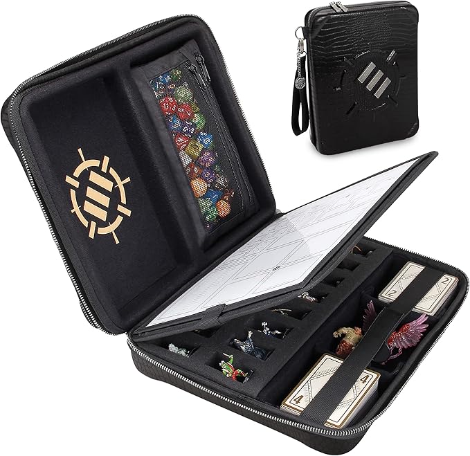 ENHANCE RPG Organizer Case - DnD Binder with Built-in Character Sheet Holder and Erasable Scribe Panel, Dice Rolling Area, Removable Pen Pouch, Miniature Foam Tray, Wrist Strap