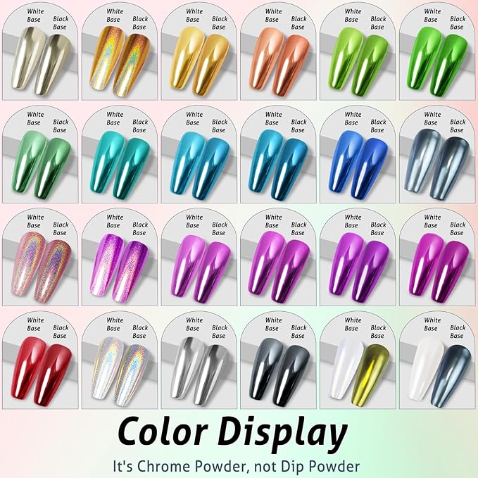 Gold Silver Chrome Nail Powder, 24 Colors White Pearl Unicorn Iridescent Holographic Nail Chrome Powder, Red Blue Green Black Purple Rose Gold Metallic Mirror Chrome Powder for Nails Glitter Pigment