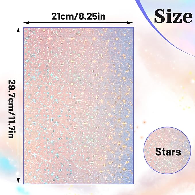 Nezyo 60 Sheets Holographic Laminate Sheets Clear Glitter A4 Size Vinyl Sticker Paper Holographic Overlay Self Adhesive Waterproof Transparent Film, 11.7 x 8.3 Inch (Star Style)