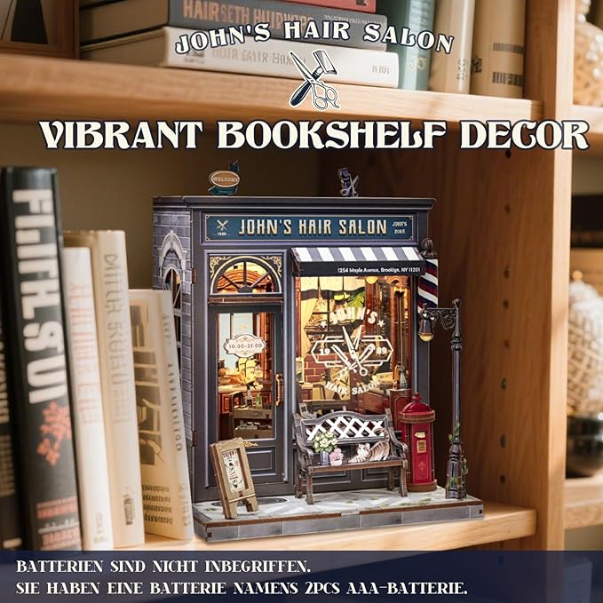 Cutefun Book Nook Kit - DIY Miniature Dollhouse Kit for Adults and Teens, Barbershop Mini House Building Kit with LED Bookshelf Insert Decor Creative Gifts (John's Hair Salon)
