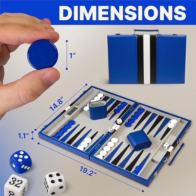 Backgammon Sets for Adults – 15-Inch PU Leather Board Game – Classic 2-Player Travel Backgammon Set with 32 Playing Pieces, Dice, and Cups