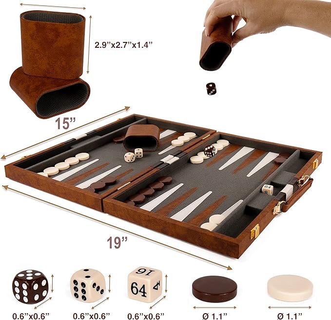 Backgammon Set - 15 Inch Classic Backgammon Board Game Sets Handheld - Backgammon Sets for Adults and Kids - Brown Faux Leather Case - Instruction