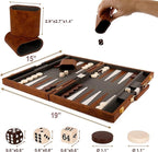 Backgammon Set - 15 Inch Classic Backgammon Board Game Sets Handheld - Backgammon Sets for Adults and Kids - Brown Faux Leather Case - Instruction
