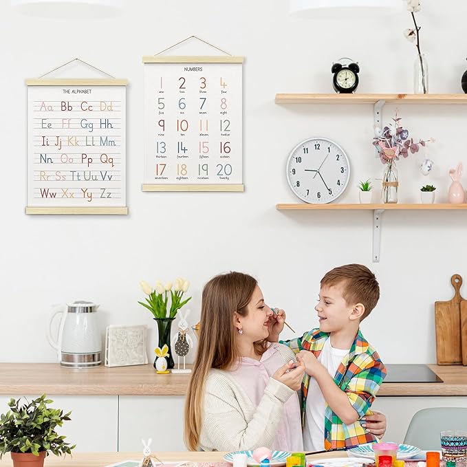 BONETAT Numbers alphabet poster for Nursery Toddlers,Correct Letter Formation on Line Paper, Play Room Wall Decor,ABC Wall Chart,Preschool Homeschool Decor Kids Wall Decor,Wooden Alphabet Banner-A04