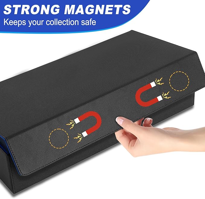 Card Deck Box,X-Large Premium Trading Card Storage Case with Mat and Dice Compartment,Magnetic Game Deck Display Case Compatible with MTG/TCG/Yugioh/Magic/Commander(Black＆Blue)