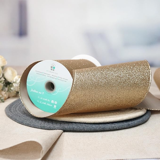 CT CRAFT LLC Glitter Wired Ribbon 6" x 10 Yards Gold (Champagne Gold) for Christmas Home Decor Bow Gift Wrapping DIY Crafts Wreath
