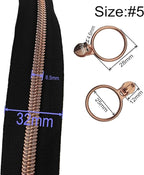 Leekayer #5 Rose Gold Metallic Teeth Nylon Coil Zippers by The Yard Bulk 10 Yards Black Zipper Tape with 25pcs Rose Gold Ring Pull Sliders for DIY Sewing Tailor Craft Bag(Black)