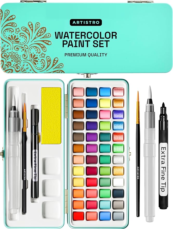 ARTISTRO Watercolor Paint Set Portable, Palette Set with Metallic Colors for Workbooks - Mini Travel Painting Kit for Artists, Professionals, Adults, Kids, Girls&Boys - Art Supplies, Christmas Gift