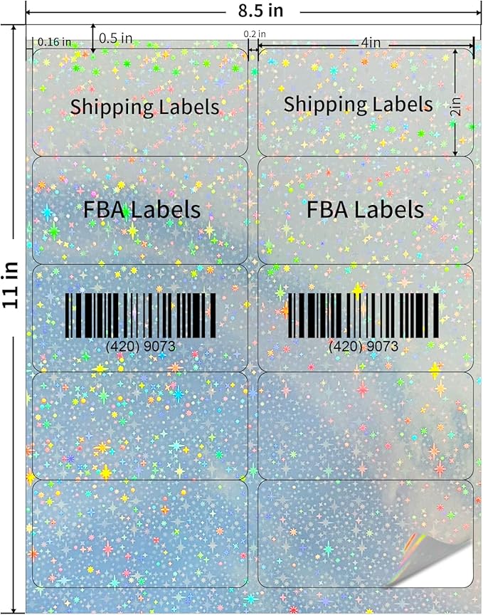STARLIBOO Shipping Labels Stickers, 2"×4" Printable Holographic Mailing Labels for Laser/Inkjet Printing- Matte, Permanent Adhesive Sticker (Holographic Star)