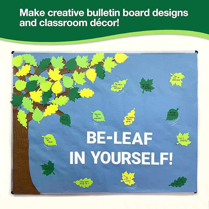 120 Pieces Spring Leaf Paper Cutouts with IDEA Guide, 2-Sided US Made Card Stock Punch Out Maple, Oak, and Birch Leaves for Bulletin Boards, Classroom Decor, Spring Crafts, DIY Scrapbook, and Posters