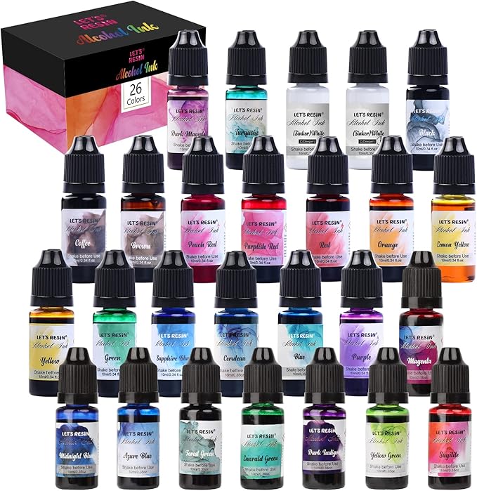 Alcohol Ink for Epoxy Resin LET'S RESIN Concentrated Alcohol Ink Set, 26 Vibrant Colors Alcohol-Based Resin Ink,Alcohol Paint Resin Dye for Resin Art, Tumblers, Resin Epoxy(Each 0.35oz)