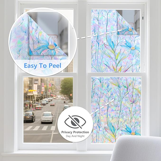 FINNEZ Window Privacy Film Stain Glass Film Flowers Rainbow Window Film Window Clings Non-Adhesive Reusable Decorative for Home（Blue Lotus，35.4 Inch x 6.5 Feet）