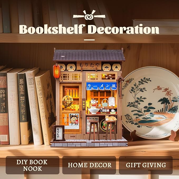 Fsolis Japanese Book Nook Kit - DIY Miniature Scene House Kit, 3D Puzzles for Adults, 220 Wooden Pieces, Tiny House Mini Booknook Craft Shelf Decor, Gifts for Women Model Lovers (Morita-Ya Ramen)