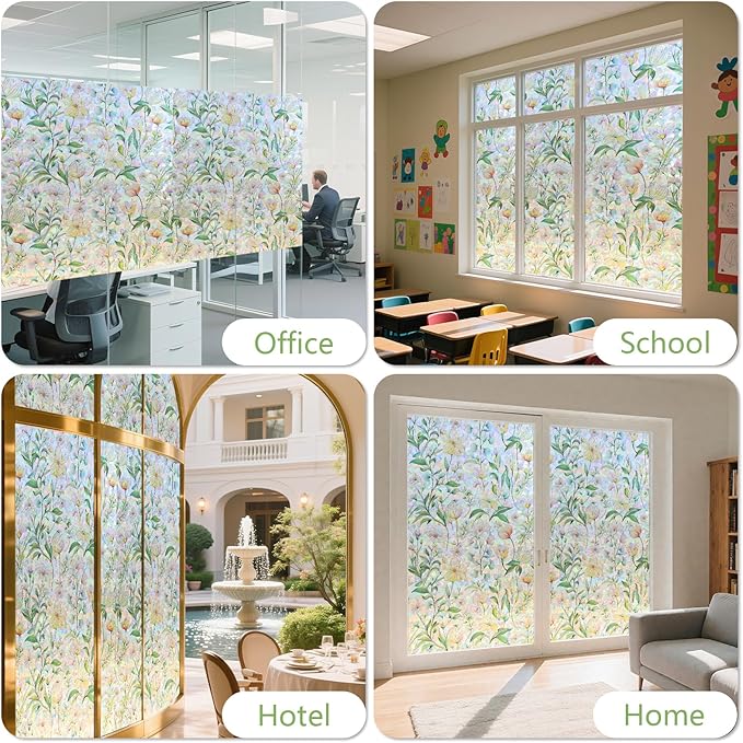 FINNEZ Window Privacy Film Stain Glass Film Flowers Rainbow Window Film Window Clings Non-Adhesive Reusable Decorative for Home（Forest Rainbow，35.4 Inch x 6.5 Feet）