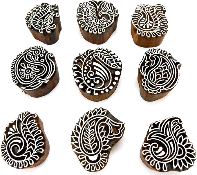 Crafts of India Stylish Paisley Wooden Blocks for Stamping, Block Printing on Textiles, Pottery Crafts,Henna, Scrapbooking, Wall Painting (Set of 9)