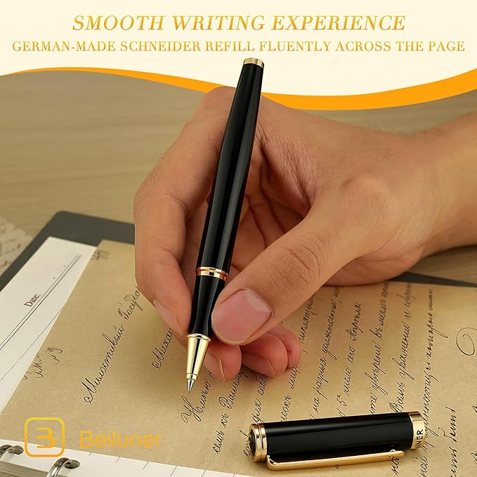 BEILUNER Luxury Rollerball Pen,24K Gold Trim,Noble and Elegant Designs,Schneider Ink Refill, Best Roller Ball Pen Gift Set for Men & Women, Professional, Executive Office, Nice Pens