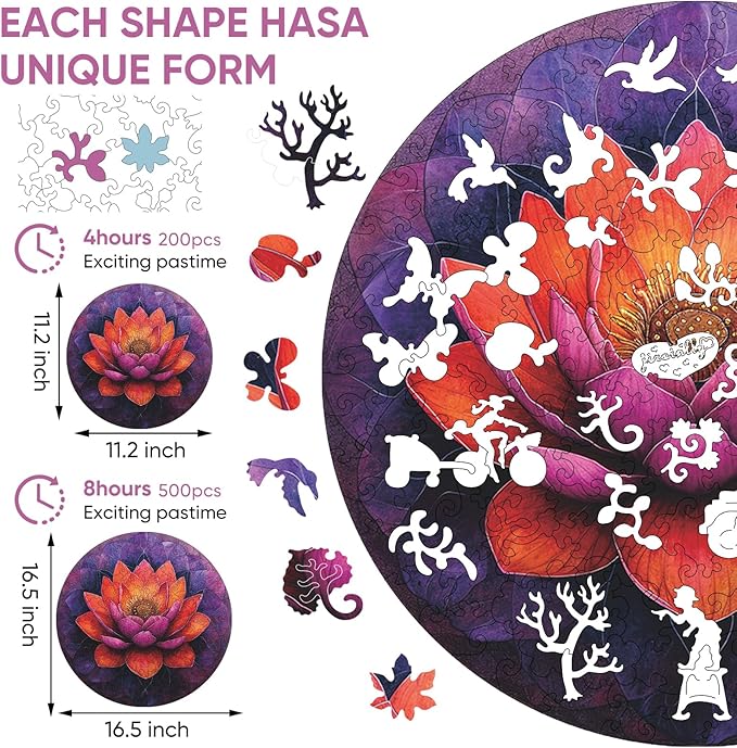 Flower Wooden Puzzle for Adults, Mandala Jigsaw Puzzles 200 Piece, Unique Shapes Family Reunion Puzzle for Adults and Kids, Beautiful Package, Best Gift for Family Friends Medium 11.2x11.2in
