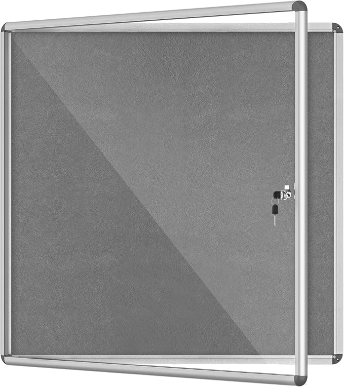 38"x38" Enclosed Bulletin Board, Lockable Weather-Resistant Aluminum Cork Noticeboard for School & Office, Silver Frame w/Grey Flet