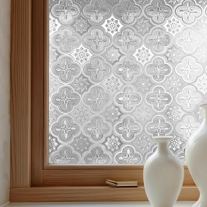 Window Privacy Film Decorative for Front Door, Bathroom Static Cling Stained Glass Sticker Opaque Heat Control UV Blocking Non-Adhesive for Home Windows 17.5 X 78.7 inches