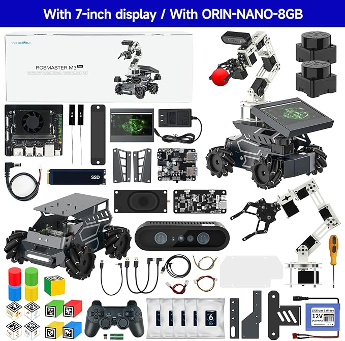 Yahboom ROS2 Robot Kit with Jetson Orin Nano 8GB Super Large AI Model with 6DOF Robotic Arm, 7-inch HD Display,AI Voice Interaction Module Provides AI Vision App Control