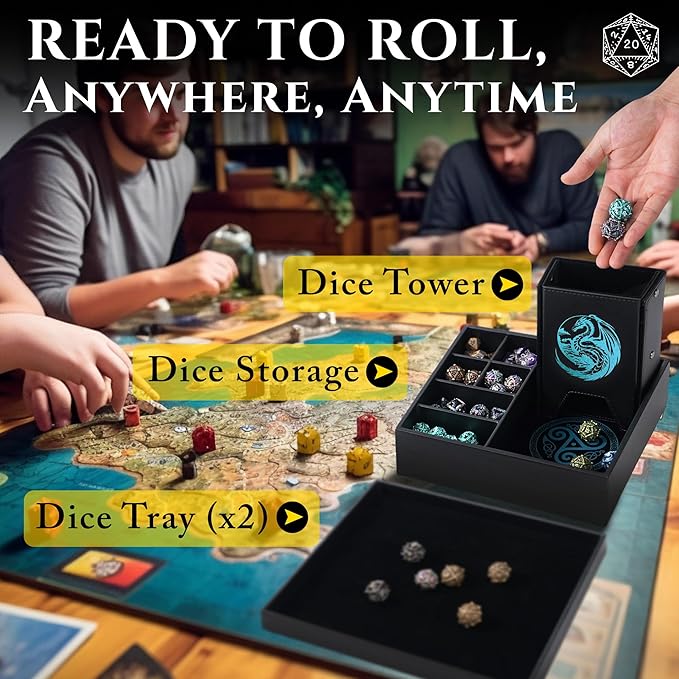 Soar Forge Dice Tray and Dice Tower for DND and RPG - All-in-One Game Roamer Tray & Large Tower for Random Rolls - Stores Your Sets, Mini's and More Compatible with D&D (Blue Dragon)