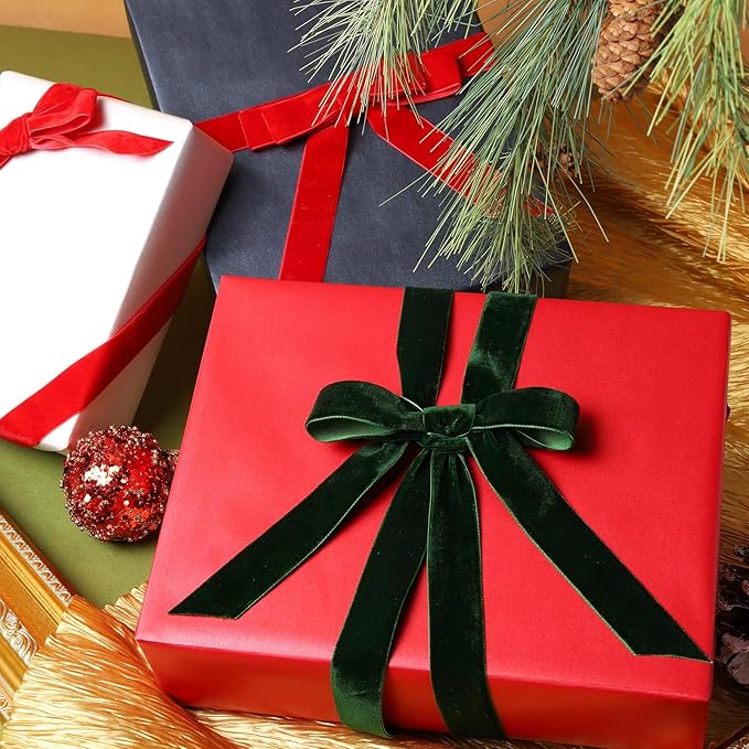 LaRibbons Thin Velvet Ribbon 1 Inch x 25 Yards, Dark Green Velvet Ribbon for Christmas Tree, Gift Wrapping, Wreath Bow, Outdoor Decoration