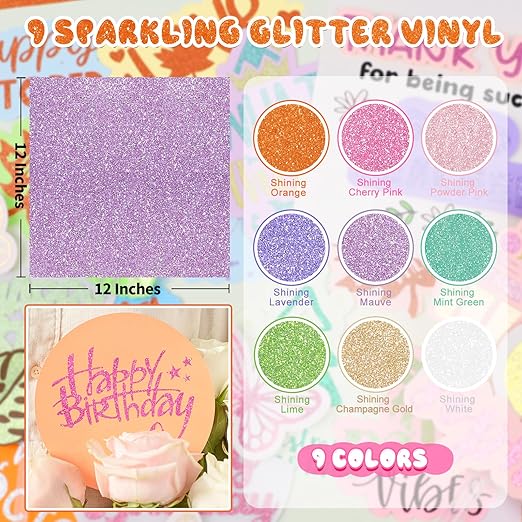 TECKWRAP Glitter Adhesive Vinyl, 12" x 12" 9 Glitter Colors with 1 High Tack Transfer Tape, Permanent Craft Vinyl for Scrap-Booking, Decals, DIY Projects, Home Decor, DIY Project Party Decoration