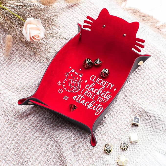 Red Cats Dice Tray Novelty Cat PU Leather Rolling Dice Tray Portable Dice Holder Cute Cat Desk Organizer Funny Gift for RPG, DND Game Players