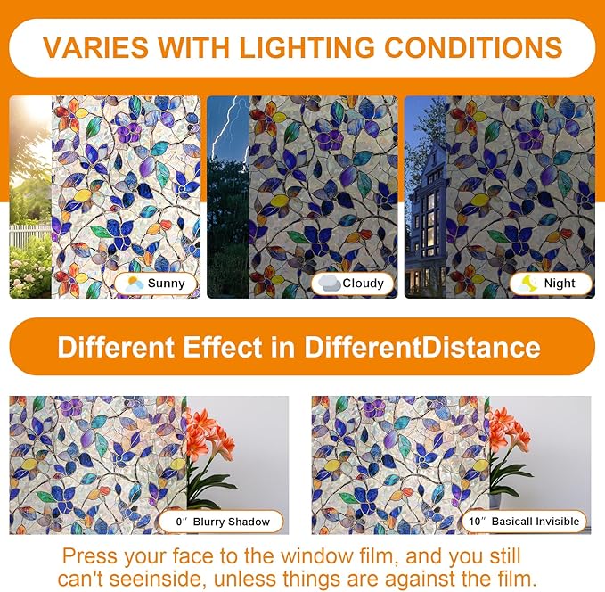 Window Privacy Film Stain Glass Window Film Rainbow Window Film Window clings Non-Adhesive Reusable Decorative for Room (Stained Leaf, 17.5 x 78.7 in)