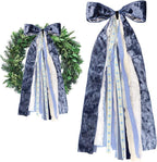 Large Blue Velvet Ribbon Bow for Wreath, Vintage Solid Fabric Ribbons Set Assorted Lace Ribbons Blue White Clip-On Wreath Sash Ribbon Bundle for Winter Christmas Home Indoor Outdoor Decor