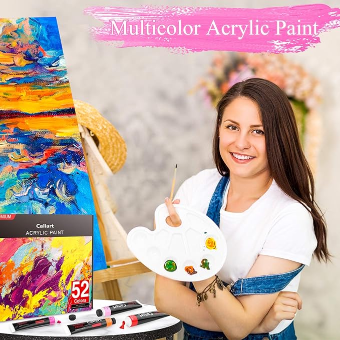 Caliart Acrylic Paint Set with 12 Brushes, 42 Colors (59ml, 2oz) Art Craft Paints Gifts for Adults Artists Beginners Painters, Halloween Pumpkin Canvas Ceramic Rock Painting Kit Art Supplies