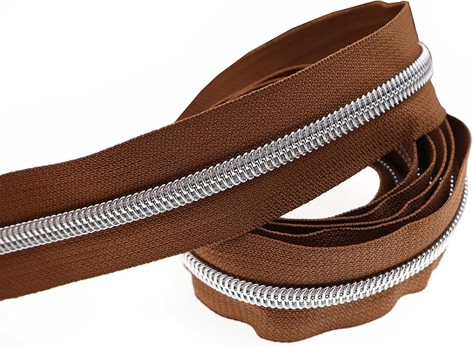 Leekayer #5 Silver Metallic Nylon Coil Zippers by The Yard Bulk 10 Yards Brown Zipper Tape with 25pcs Silver Ring Pull Sliders for DIY Sewing Tailor Craft Bag(Brown)