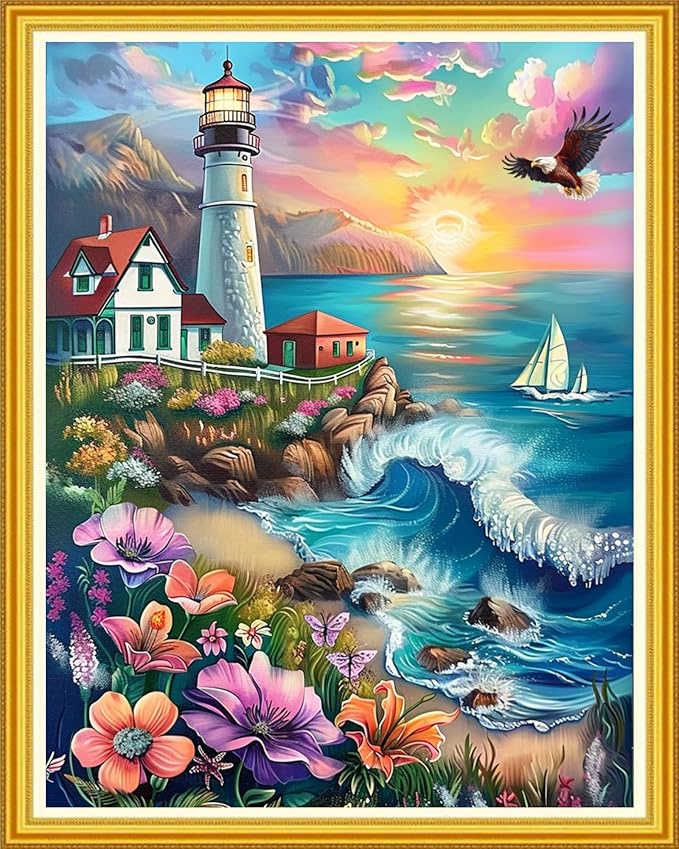 Magxvouy Cross Stitch Kits Stamped Full Range of Embroidery Kits,Cross Stitch Patterns Needlework Kits for Beginners 11CT Printed Kits&Lighthouse Seaside Flowers 16x20 inch