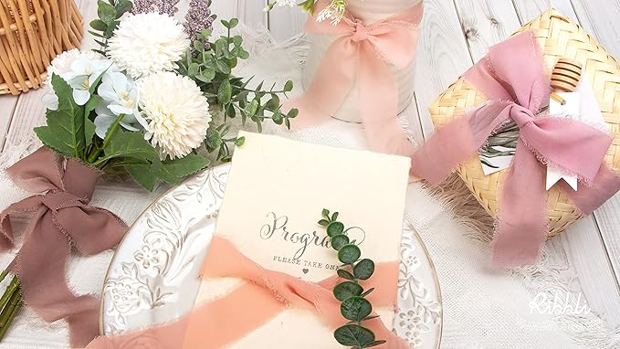 Ribbli Antique Mauve Chiffon Ribbon 1-1/2 inch x 20 Yard Handmade Fringe Chiffon Silk Ribbon,Black Ribbon for Wedding Invitations, Bridal Bouquets Wrapping, Flower Arrangement Decoration