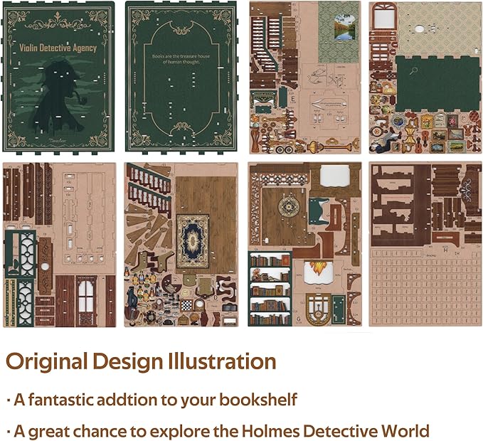 Tonecheer DIY Book Nook Kit for Adults, Wooden 3D Puzzle Bookend Bookshelf Insert Decor, Detective Booknook Miniature House Kit with Dust Cover and Body Motion Sensor LED (Violin Detective Agency)