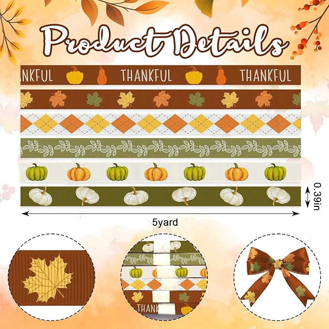 6 Rolls 30 Yards Thanksgiving Fall Ribbons Autumn Harvest Ribbons for Craft Wrapping Orange Pumpkin Maple Leaf Grosgrain Ribbon for Wreath Bows Thanksgiving Party Home Decoration 3/8 Inch