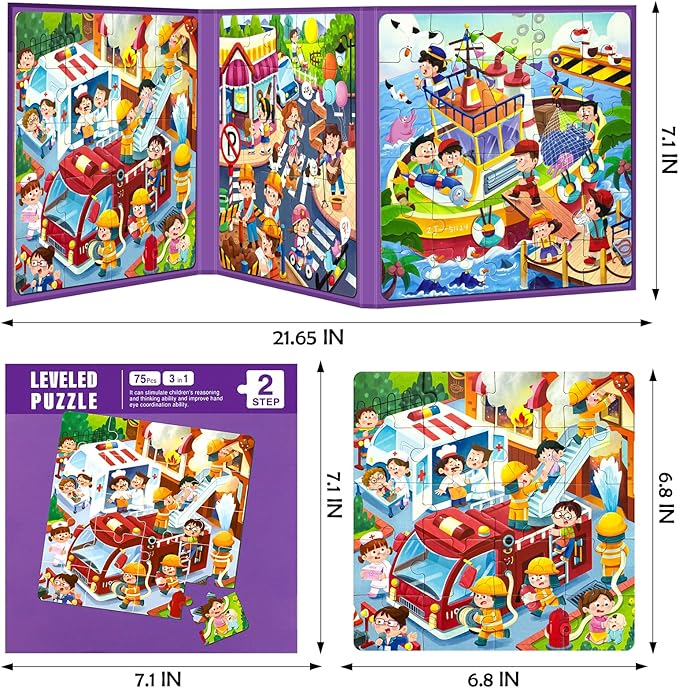 Magnetic Puzzles for Kids Ages 4-8, 3 in 1 Toddlers Cartoon Magnet Jigsaw Puzzle Book, Travel Toys, Preschool Learning Toy for Ages 3-8 (Purple Squad)