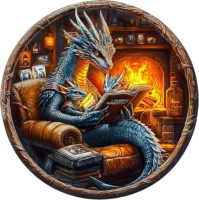 KAAYEE Wooden Puzzles for Adults, 3D Visual Effect Dragon Family Night Reading Wooden Jigsaw Puzzle Unique Shape Wood Puzzle Adult, 3D Effect Flat Puzzle Birthday Family Games (S-8.5 * 8.5 in-95pcs)