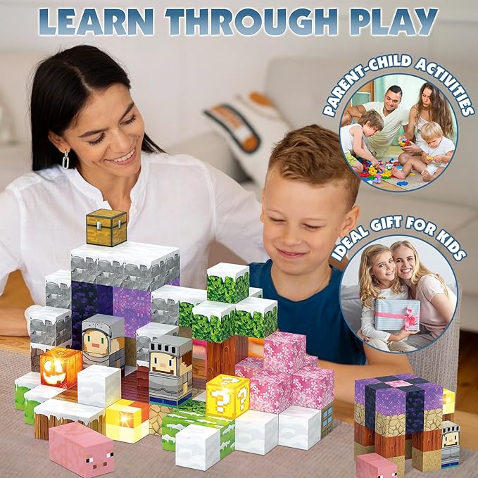 Magnetic Blocks, Magnetic Building Blocks Construction Toys STEM Montessori Sensory Toys, Magnet Cubes with Light Blocks, Stacking Toy Christmas Birthday Gifts for Kids Boys Girls Age 3-4 4-8 8-12
