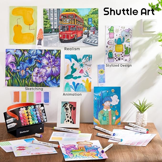 Shuttle Art 51 Colors Alcohol Markers, 50 Colors Dual Tip Art Marker Set Plus 1 Colorless Blender with Marker Case Perfect for Illustration Students Adult Coloring Sketching
