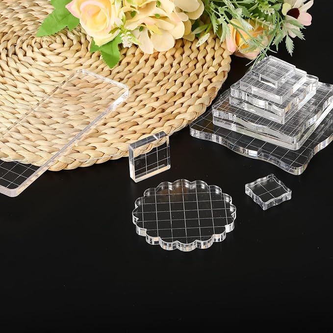 PATIKIL 2" x 2" Acrylic Stamp Block, Clear Stamping Block with Grid Lines Decorative Mounting Blocks Wave for Scrapbooking DIY Crafts Card Making