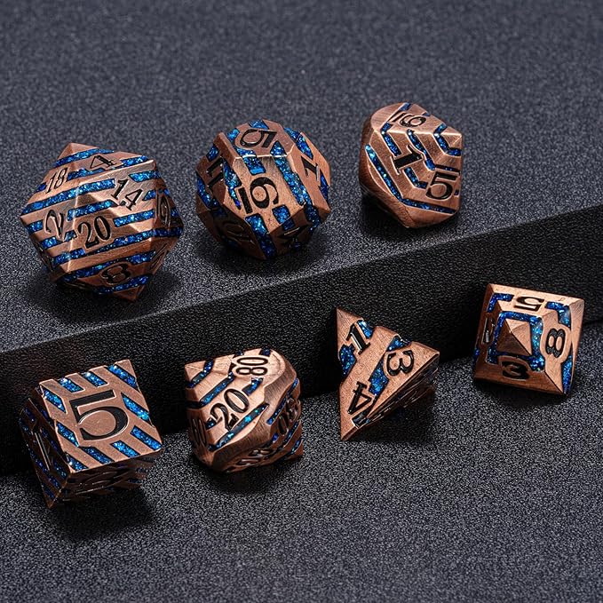 Metallic Glitter Stripes D&D Dice Set,7 PCS Polyhedral Dice Set with Gift Metal Box for Dungeons and Dragons,DND Metal Dice for Tabletop Game (Antique Copper Blue)